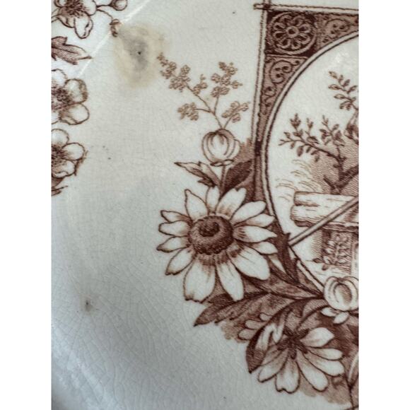 Rare Vintage British Aesthetic Brown Transfer Ware Girl with Rake 8.5” Plate - Picture 9 of 10